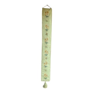 Vintage Celadon Green Floral Needlepoint Bell Pull With Tassel 70" Long For Sale