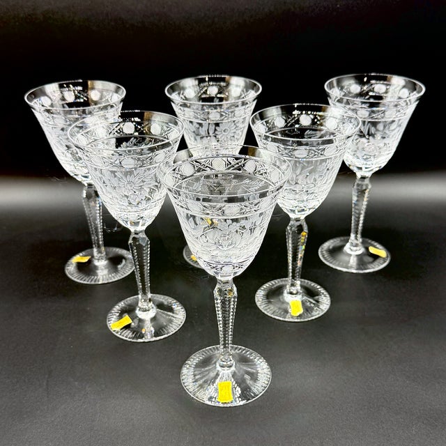 Meissen Crystal Wine Glasses, Floral Engraved & Cane Cut, German Bleikristall, 1960s, Set of 6 For Sale - Image 4 of 18