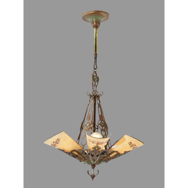 Early 20th Century Art Deco Paint Decorated Hanging Lamp Light Floral Painted Art Glass Slip Shades For Sale - Image 4 of 12