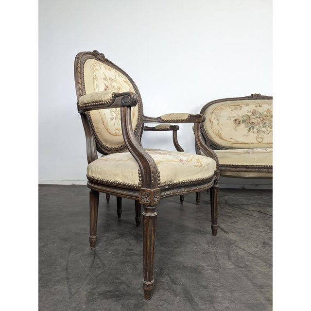 Louis XVI Style Sofa, Armchairs and Chairs in Aubusson Tapestry, Set of 5 For Sale - Image 11 of 18