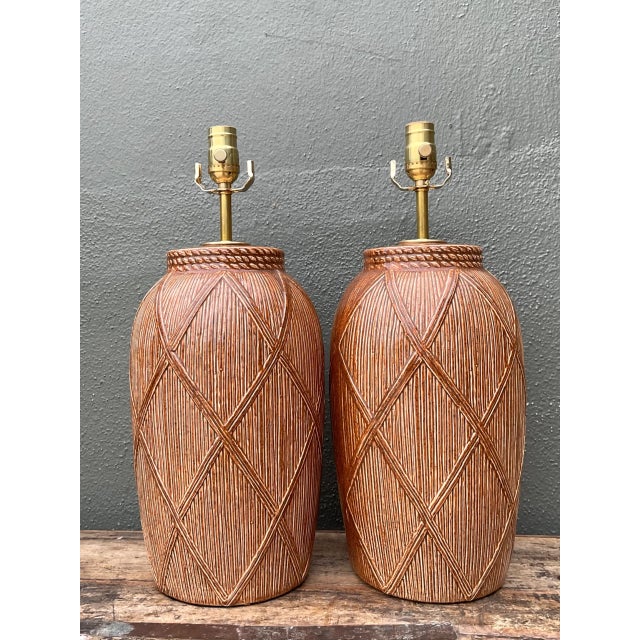 Late 20th Century Vintage Textured Ceramic Lamps - A Pair For Sale - Image 5 of 12