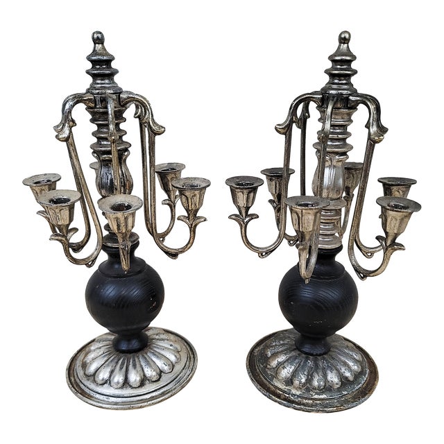 Early 20th Century Black Wood & SilverTone Metal Mini Candelabras a