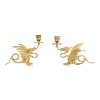 Pair of Vintage Dragon Form Bronze Candlestick Holders For Sale