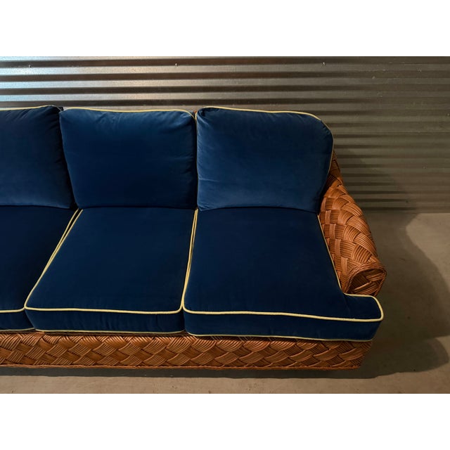 Ink Blue Walters Wicker 82" Portia Sofa Custom Loose Back and Loose Seat Cushions With Contrast Welt For Sale - Image 8 of 11