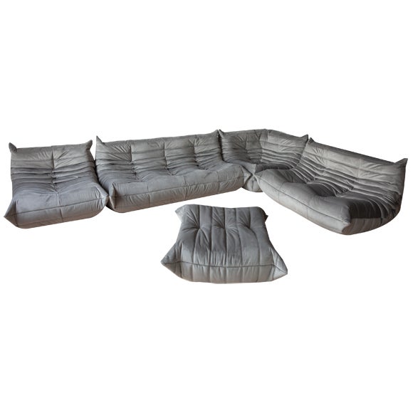 Grey Velvet Togo Living Room Set by Michel Ducaroy for Ligne Roset, Set of 5 For Sale