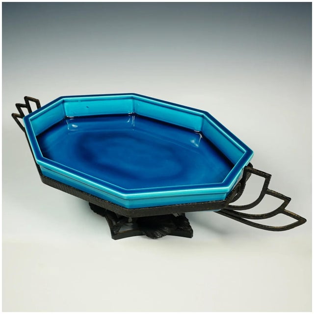 Art Deco Early 20th Century Art Deco Paul Milet French Sevres Ceramic Centerpiece Bowl Wrought Iron For Sale - Image 3 of 7