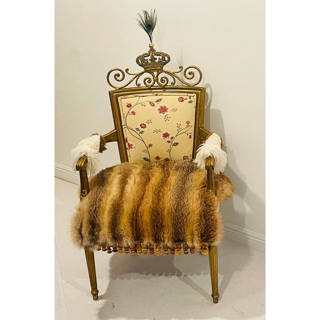 Traditional Vintage Gold Armchair With Red Fox Fur in Mackenzie Childs Style For Sale - Image 3 of 8