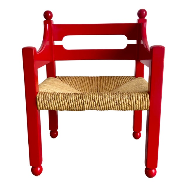 Italian Beech and Straw Armchair, 1960s For Sale