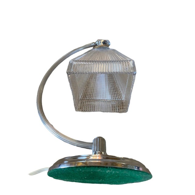1930s 1930s Original Chrome Plated Art Deco Table Lamp With Square Ribbed Holophane Shade For Sale - Image 5 of 7
