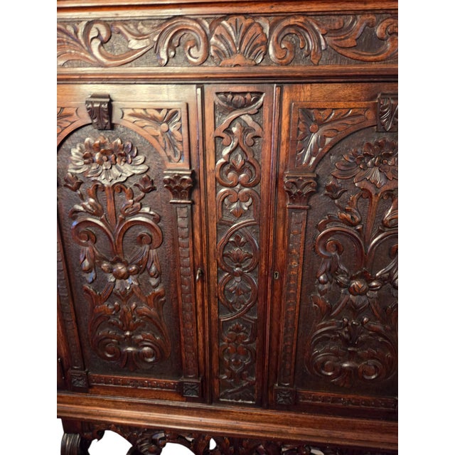 Wood Antique Italian Renaissance Revival Walnut Marble Hutch China Liquor Cabinet Bar For Sale - Image 7 of 16