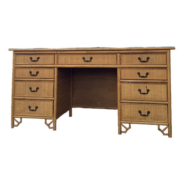 Vintage Coastal Bamboo & Rattan Campaign Desk in the Manner of Henry Link For Sale