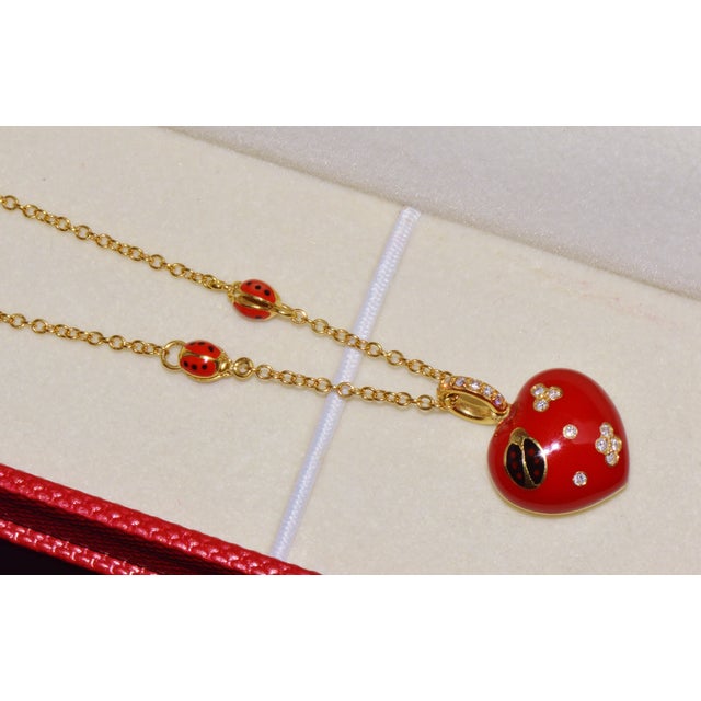 Aaron Basha 18k Gold Diamond Enamel Ladybug Puffy Heart Pendant Necklace For Sale - Image 13 of 14