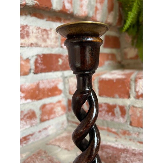 Pair Set Antique English Oak Open Barley Twist Candlesticks Candle Holder Brass For Sale - Image 10 of 12