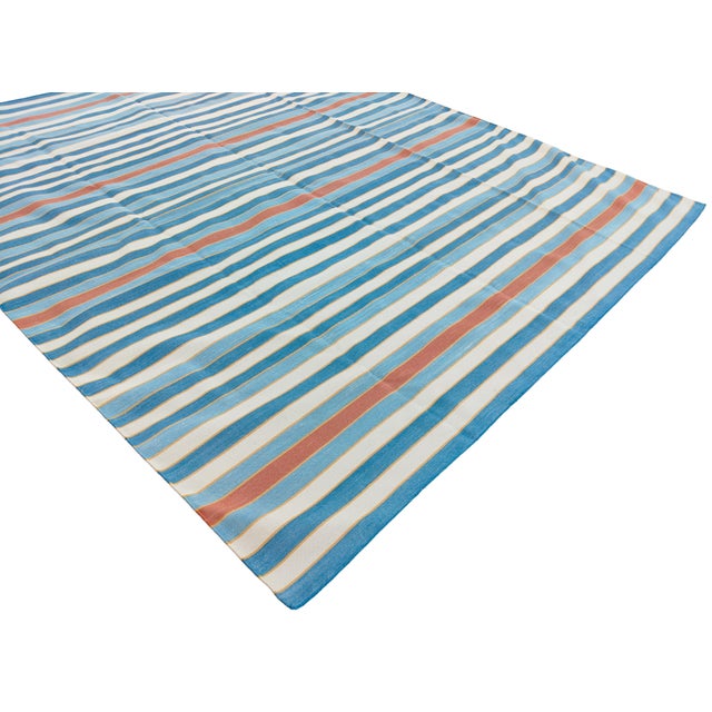 Casa Cosima Handwoven Cotton Area Rug, Natural Vegetable Dyed, Blue, Red and Yellow Striped Dhurrie - 8'x10' For Sale - Image 4 of 12