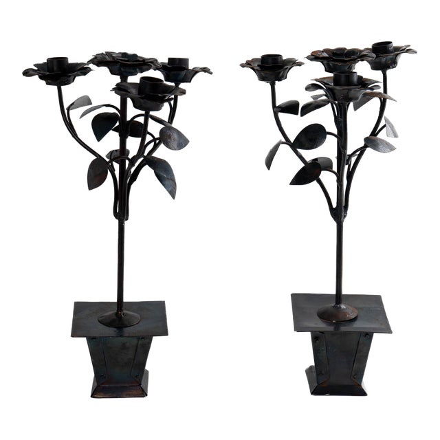 Vintage Hand-Forged Iron Rose Candelabra Set For Sale