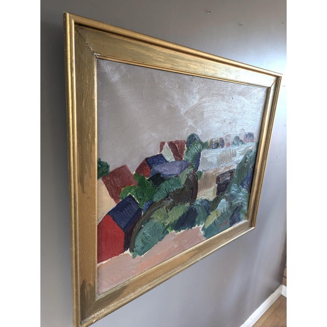 Mid-Century Modern Mid-Century Modern 'Hillside Houses' Vintage Swedish Semi-Abstract Landscape Oil Painting, Framed For Sale - Image 3 of 12