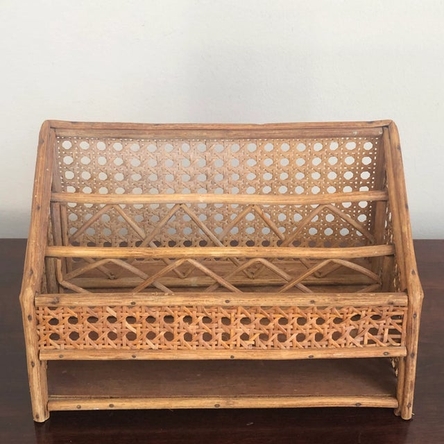 Tan Vintage Mid-20th Century Wood & Cane Desk Organizer For Sale - Image 8 of 12