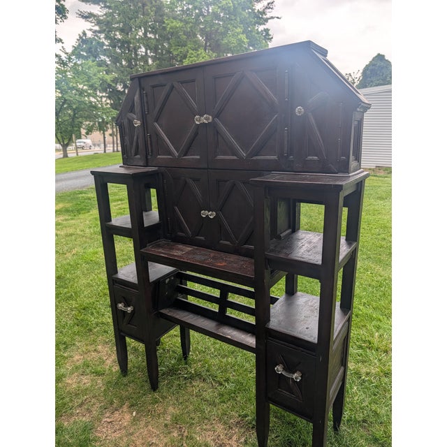 Vintage Arts & Crafts Geometric Smoking Cabinet & Pipe Rack Etagere Console For Sale - Image 4 of 18