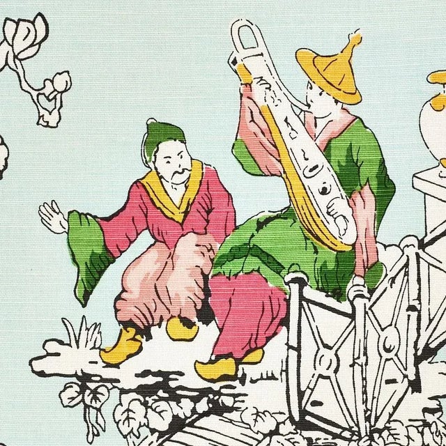 A modern take on traditional chinoiserie, this scenic design is artfully handprinted in the U.S.A. Sold as a 2-yard...