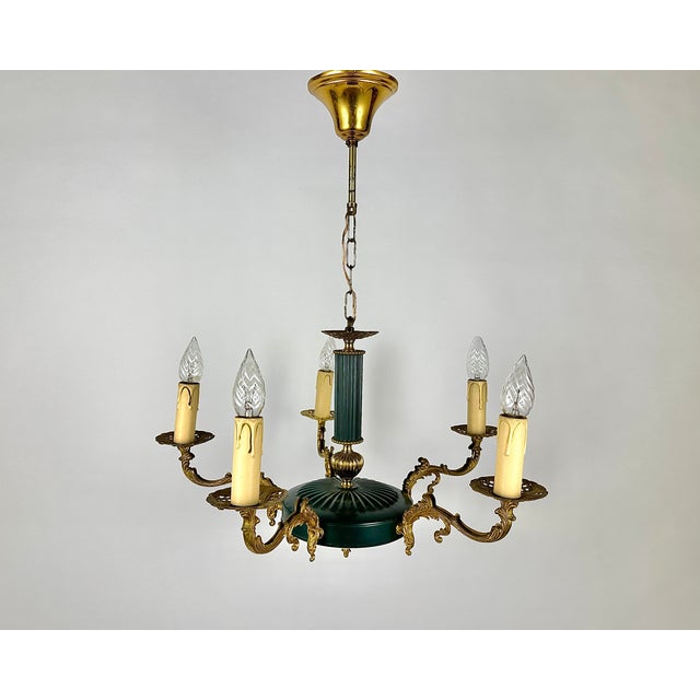 Vintage Empire Bronze Green Gold Chandelier with 5 Arms For Sale - Image 11 of 11