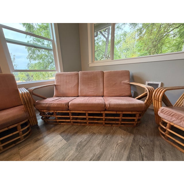 Mid-Century Modern Vintage Six-Strand Square Pretzel Rattan Sofa + Pair of Lounge Chairs, Style of Paul Frankl For Sale - Image 3 of 14