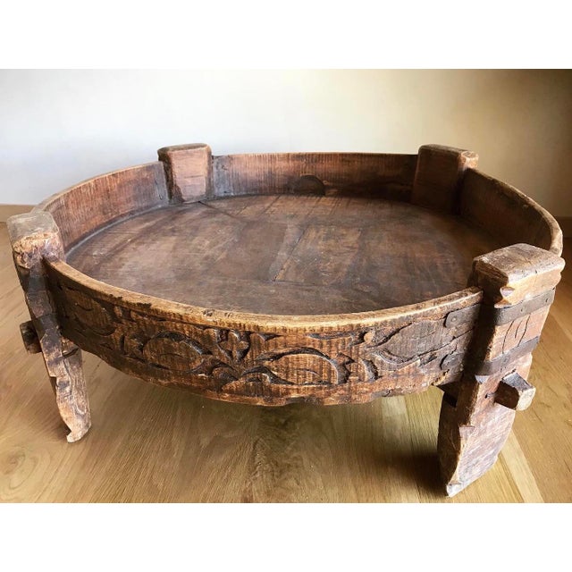 Antique Primitive Indian Hand Carved Wood And Iron Chakki Rice Mill Table Coffee Table Or Ottoman Chairish