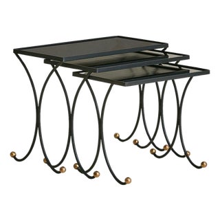 Trio of French Iron + Opaline Glass Nesting Tables in Manner Jean Royère, 1950s For Sale