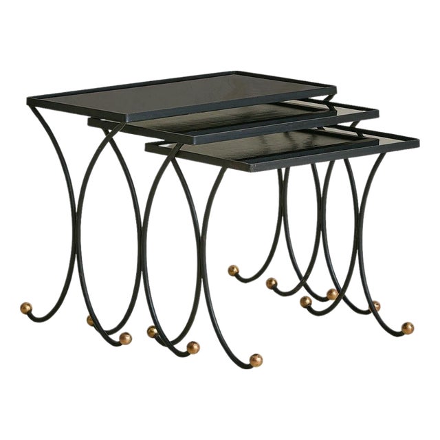 Trio of French Iron + Opaline Glass Nesting Tables in Manner Jean Royère, 1950s For Sale