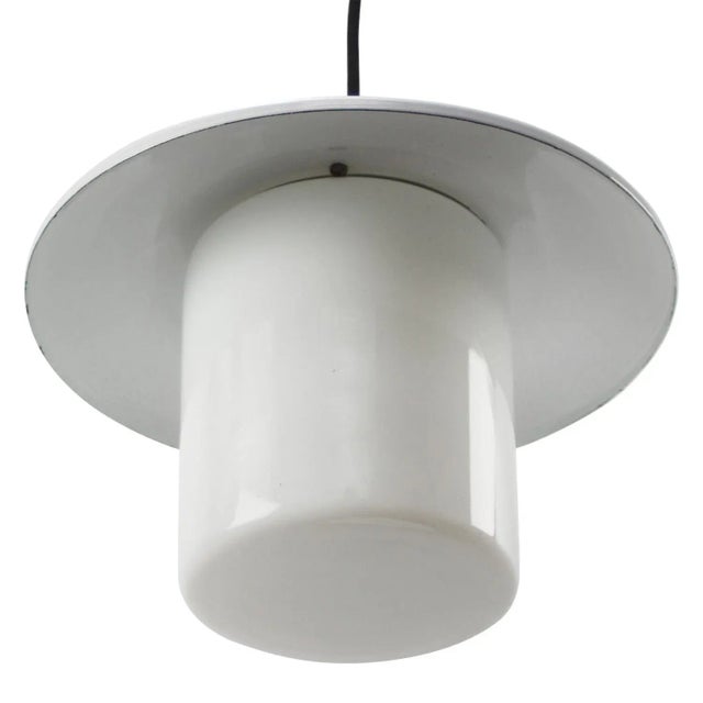 Vintage White Enamel & Opaline Glass Pendant Lamp For Sale - Image 4 of 8