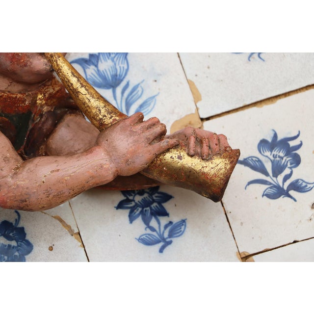 Printmaking Materials Antique Cherub Musician Playing a Golden Bugle, 18th Century, Portuguese For Sale - Image 7 of 14