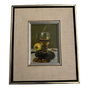 Dorothy Roe Brown Oil Painting on Board – Framed Still Life of Wine Bottle & Apple