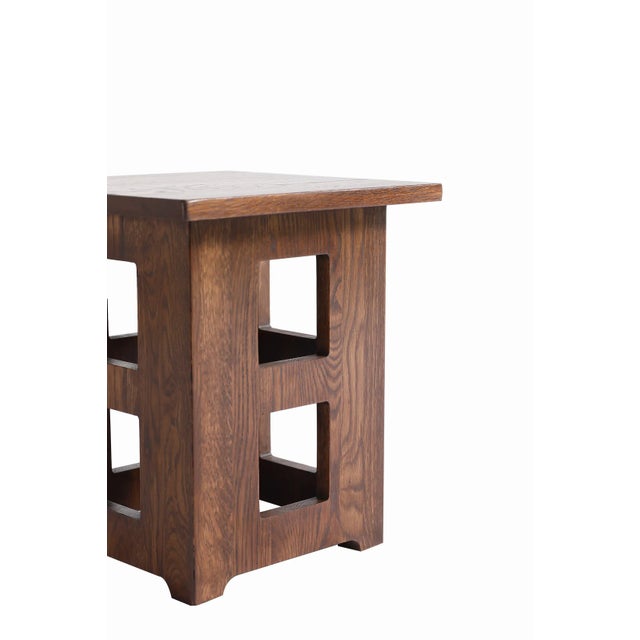 Crafters and Weavers Mission Solid Oak Square End Table With Cut Outs - Walnut For Sale In Chicago - Image 6 of 8