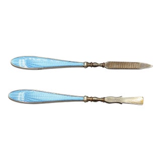 1930 Sterling Silver and Enamel Nail File and Cuticle Pusher Set For Sale