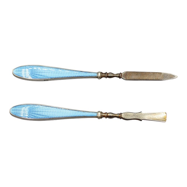 1930 Sterling Silver and Enamel Nail File and Cuticle Pusher Set For Sale