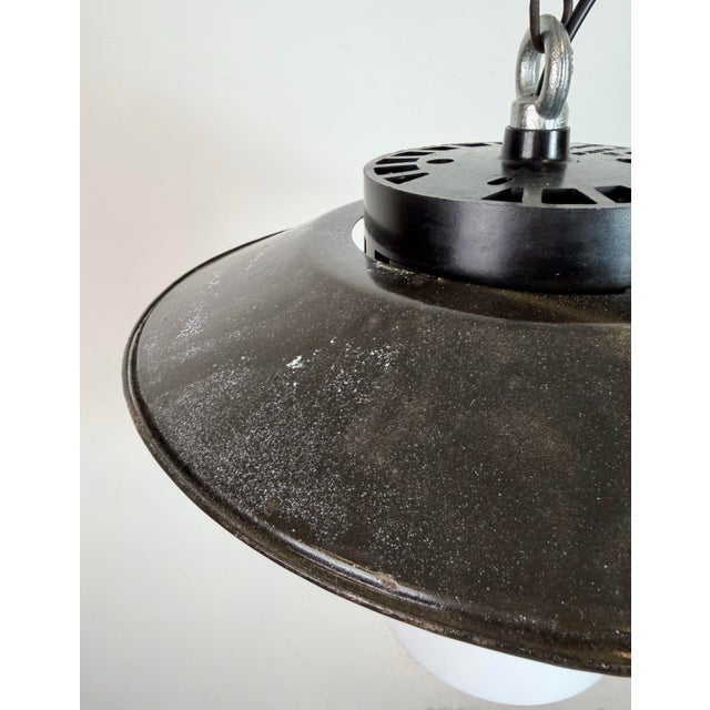 Plastic Industrial Grey Enamel Pendant Lamp with Milk Glass from Elektrosvit, 1960s For Sale - Image 7 of 18