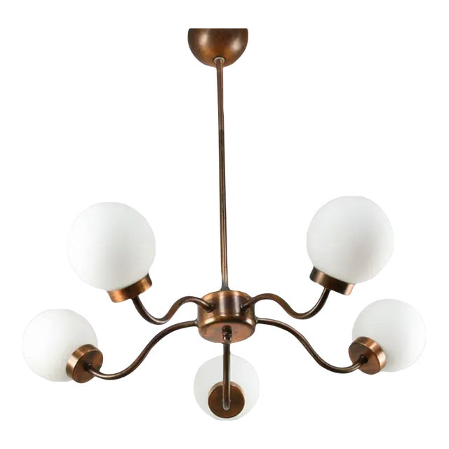 Vintage Metal and Opaline Glass Chandelier For Sale