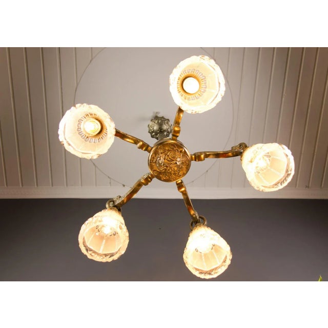 Art Deco Style Bronze and Frosted Glass Floral Chandelier, 1930s For Sale - Image 6 of 18