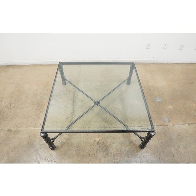 Diego Giacometti Vintage 1980s Giacometti Style Forged Aluminum/Faux Verdigris Square Glass Coffee Table For Sale - Image 4 of 11