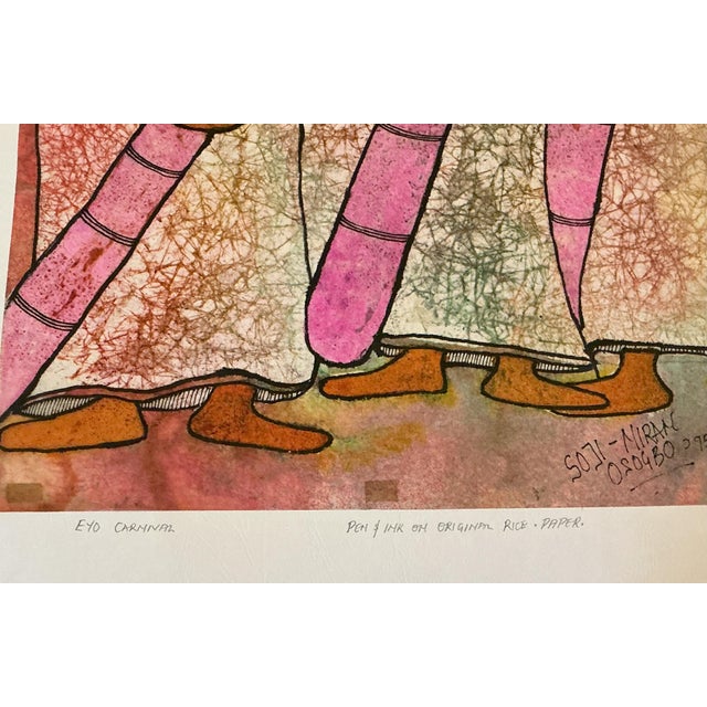 African Eyo Carnival, Artist Soji Niran, Pen and Ink on Rice Paper Painting For Sale - Image 3 of 3