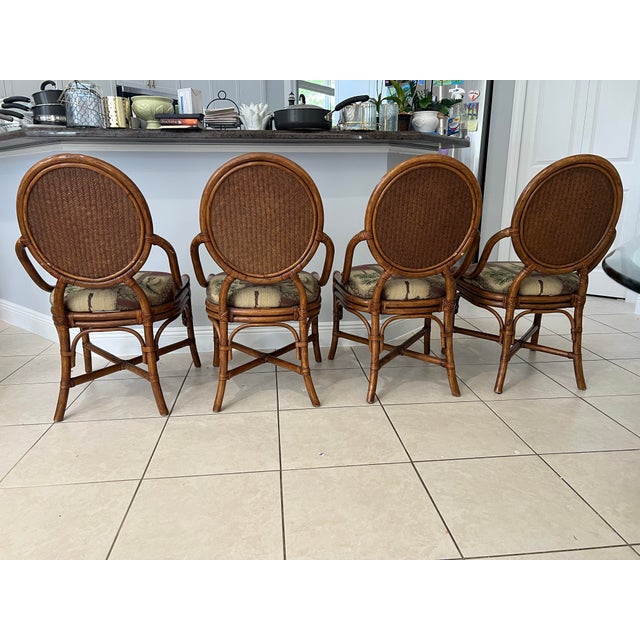 Wood Mid 20th Century Tommy Bahama Style Bamboo With Topical Print Dining Chairs - Set of 4 For Sale - Image 7 of 8