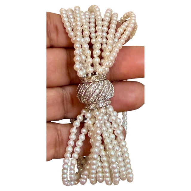 Metal 3.1mm Akoya Japanies Pearl Multi Strand Bracelet, 14kwg Diamond Clasp, 8 Inch For Sale - Image 7 of 8