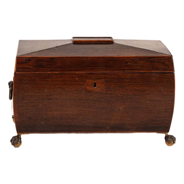 Early 19th Century Georgian Rosewood Tea Caddy With Brass Handles + Brass Claw Feet | Original Fittings + Green Interior For Sale