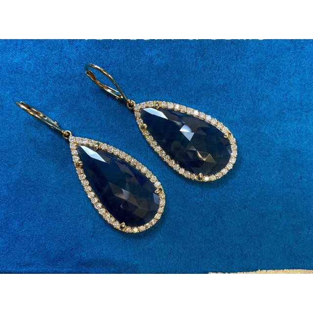 Blue Sapphire Pear Drop Faceted Cabochon Diamond Halo Drop 18k Gold Earrings, A Pair For Sale In Washington DC - Image 6 of 6