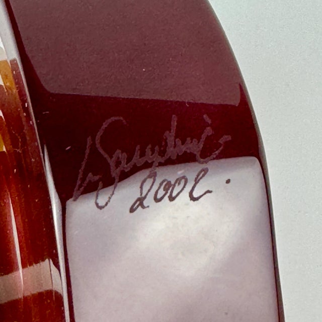 1980s Signed Vintage Modern Round Around Art Glass Sculpture With Layered Ribbons of Deep Orange & Purple For Sale - Image 10 of 10