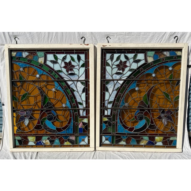 Victorian Pair of American Victorian Stained Glass Windows For Sale - Image 3 of 18
