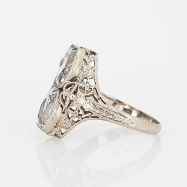 Vintage Art Deco Double Aquamarine Ring Filigree 14k Gold Elongated Hexagon size 5.75 For Sale - Image 4 of 7