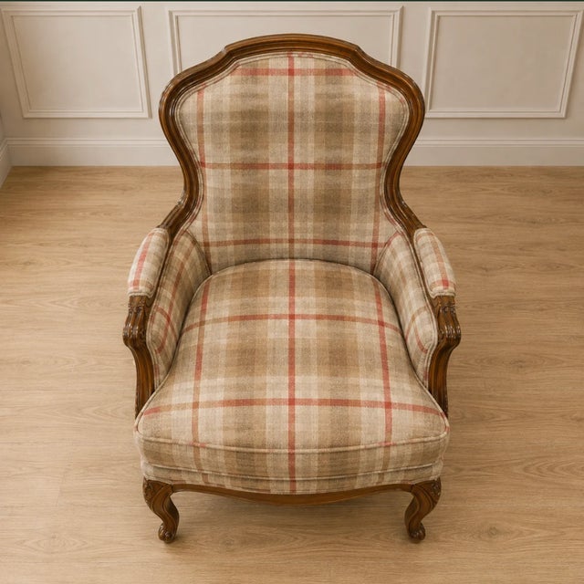 Vintage French Style Plaid Bergère Chair For Sale In Los Angeles - Image 6 of 6