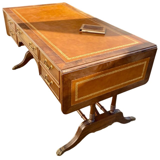 Magnificent double-sided English flat desk with extensions on both sides, crafted from mahogany. Dimensions: Height 74 cm,...