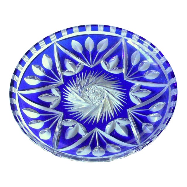 Large Hand Cut to Clear Engraved Bohemian Crystal Glass Bowl - Vintage For Sale