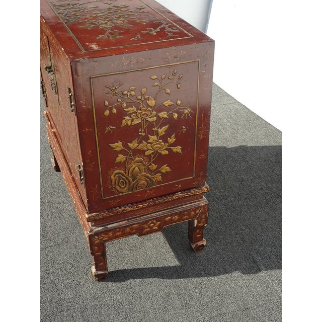 Antique Storage Cabinet Oriental Chinese Red Lacquer Chinoiserie W Stand & Brass For Sale In Los Angeles - Image 6 of 18